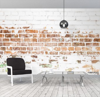 Picture of Old red brick wall with damaged white paint layer
